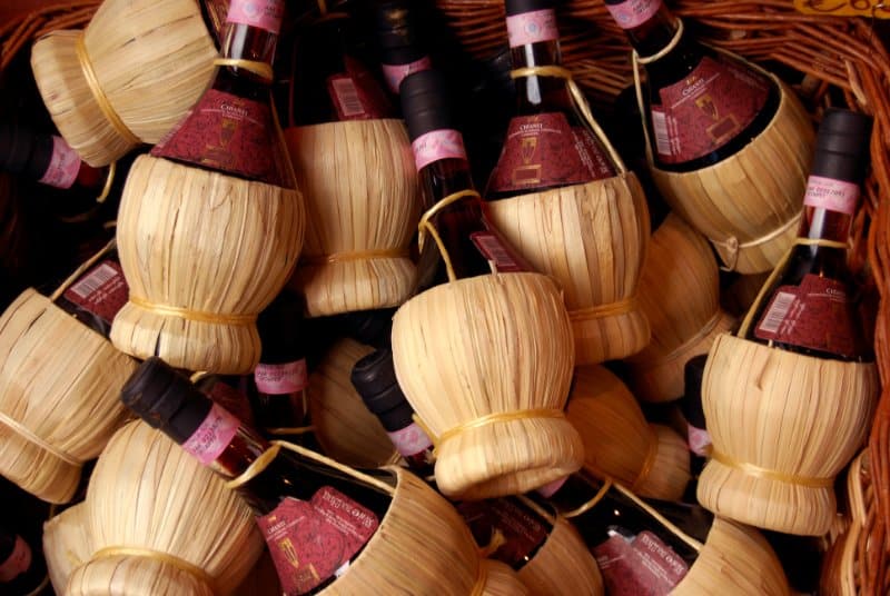 close up of Chianti wine bottles