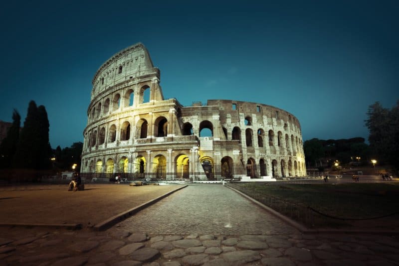 front view of The Colosseum at night,