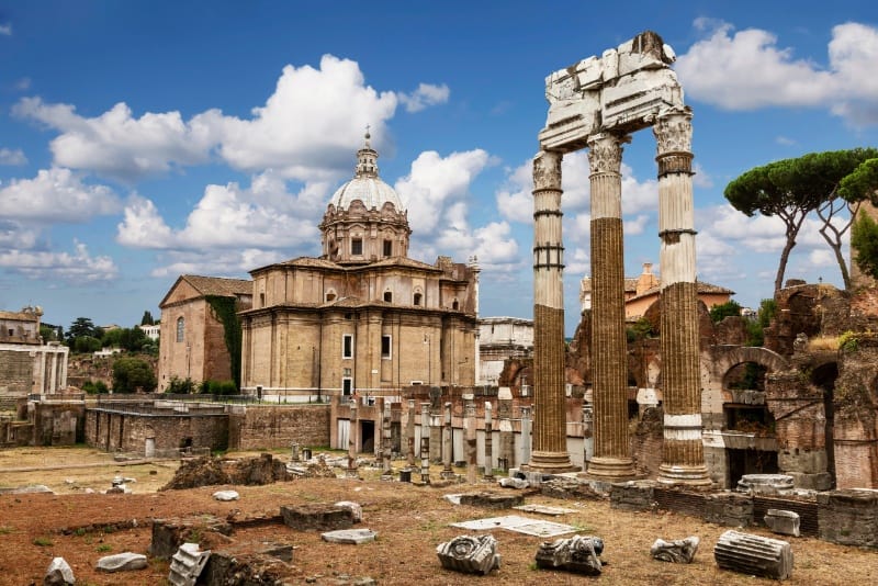 View of the Roman Forum, the forum of Julius Caesar with the ruins of the temple of Venus