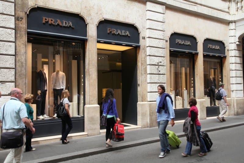 People walking past Prada luxury boutique in Rome