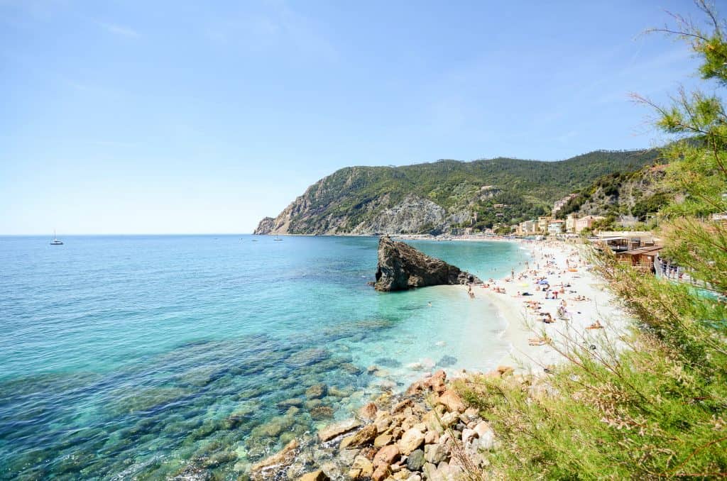 View of Monterosso al Mare beach from Cinque Terre hiking trail