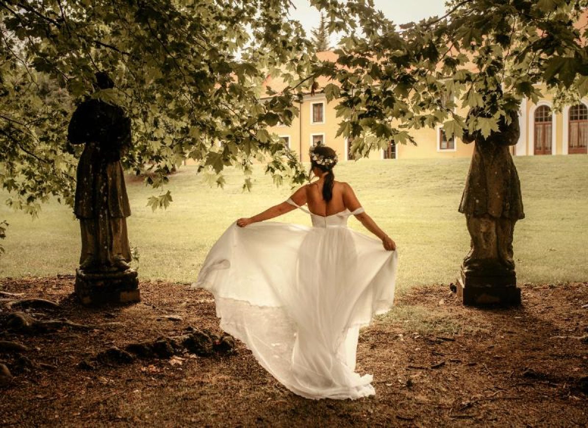 Enchanting bride walking happily