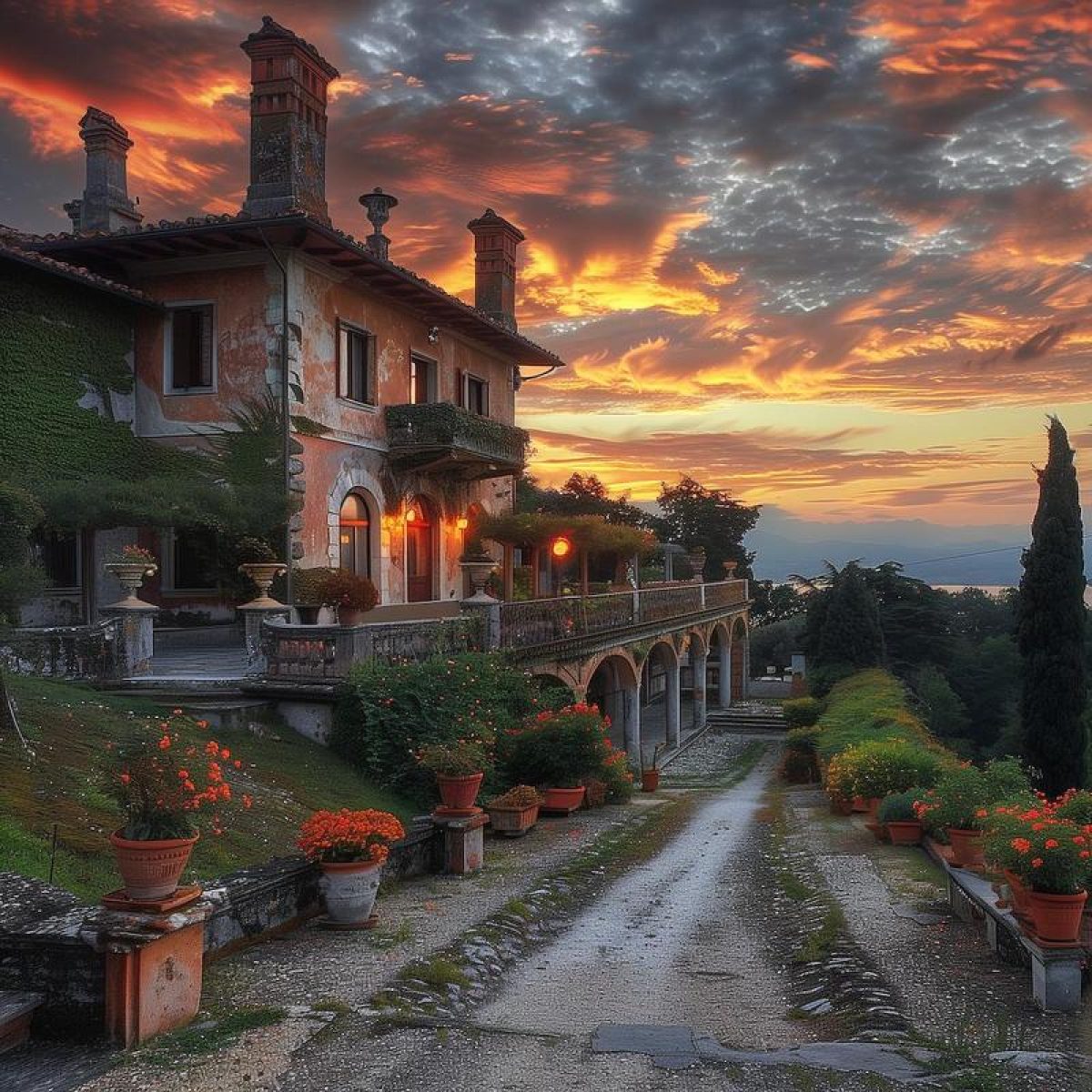 Stunning Italian villa at sunset with vibrant flowers and dramatic skies, enhanced by sRGB color space.