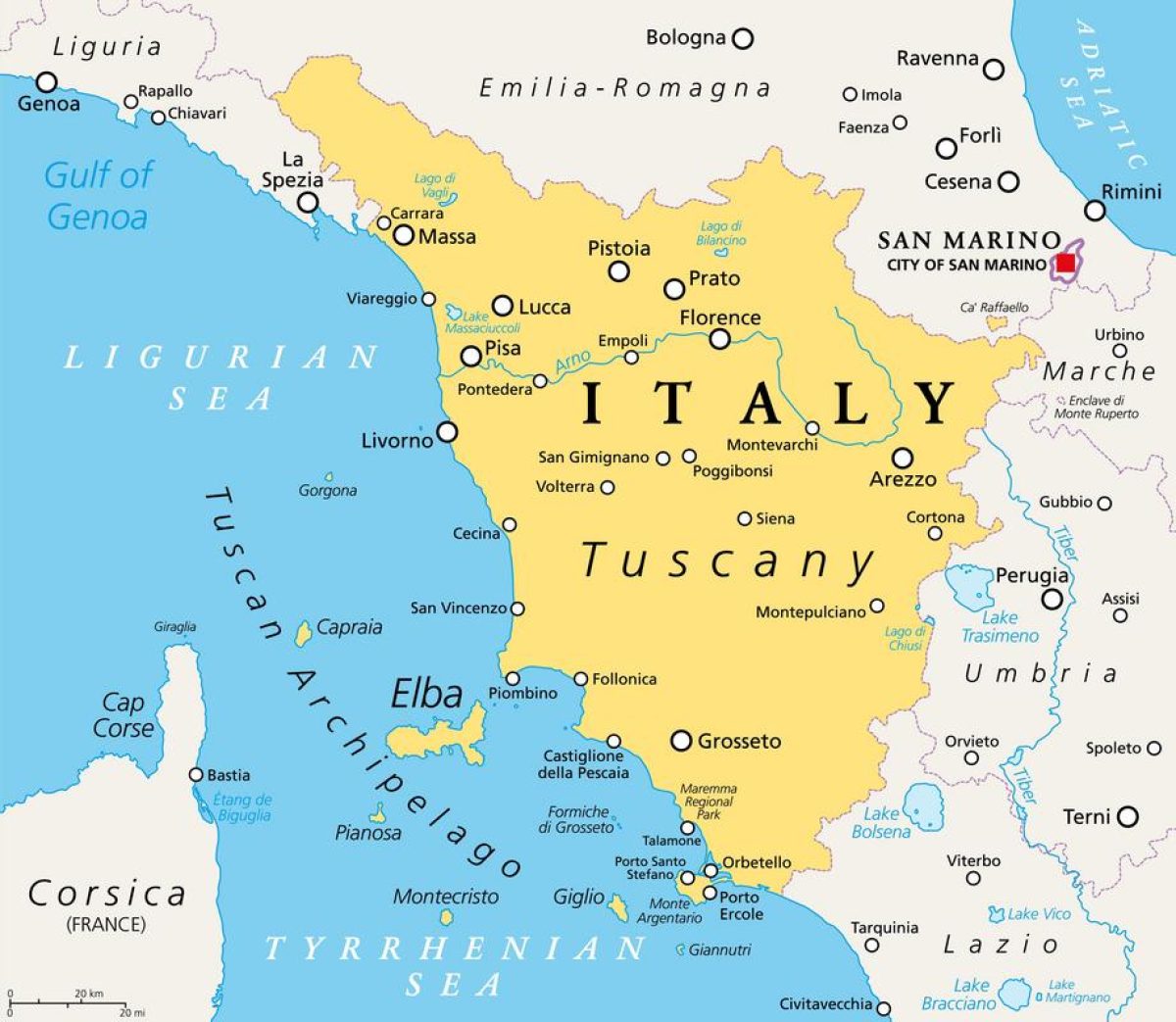 Map of Tuscany, Italy highlighting major cities including Florence, Pisa, and Siena, as well as surrounding regions and bodies of water.