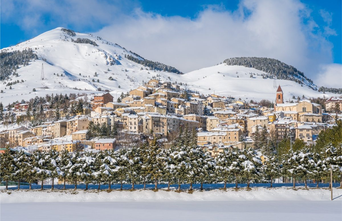 Rivisondoli  village in Abruzzo, Italy covered in snow during winter season