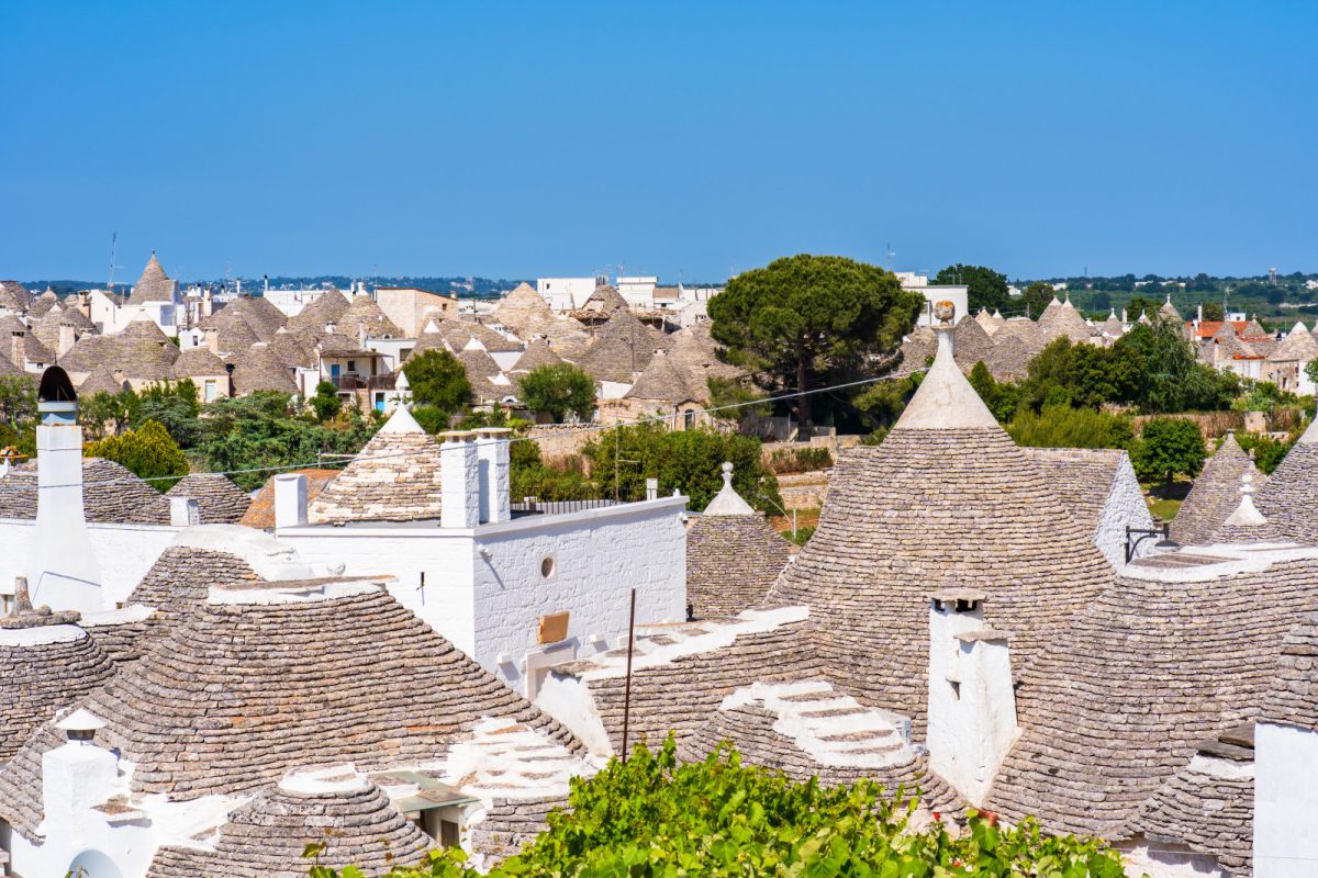 Skyline and the roof of Trulli houses in Alberobello, Italy