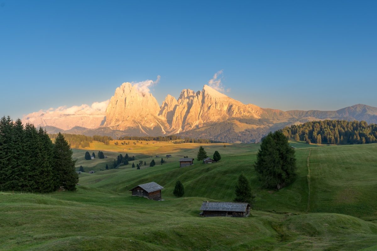 Panoramic view of the Alpe di Siusi Alpine meadow in Italy