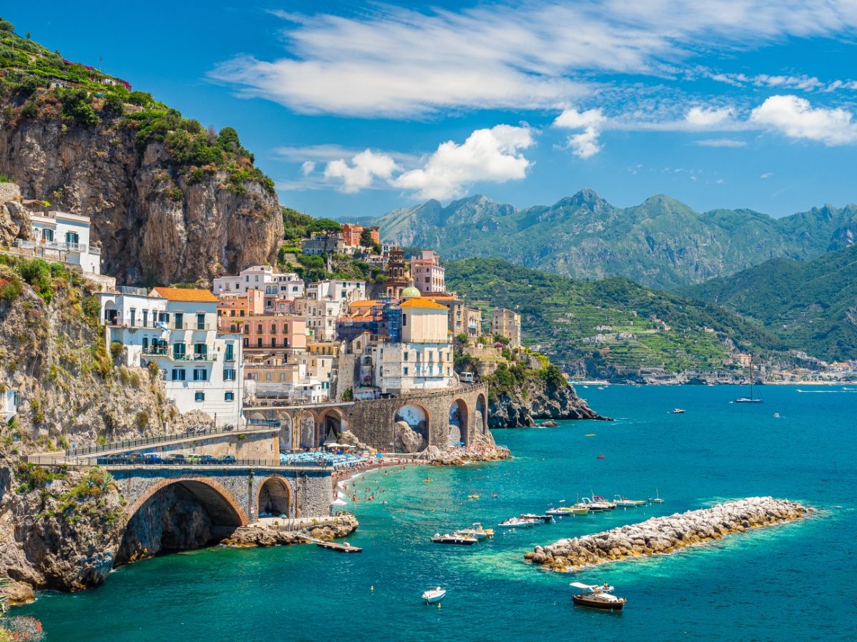 Panoramic view of the Atrani townscape and skyline on the Amalfi Coast, Campania, Italy