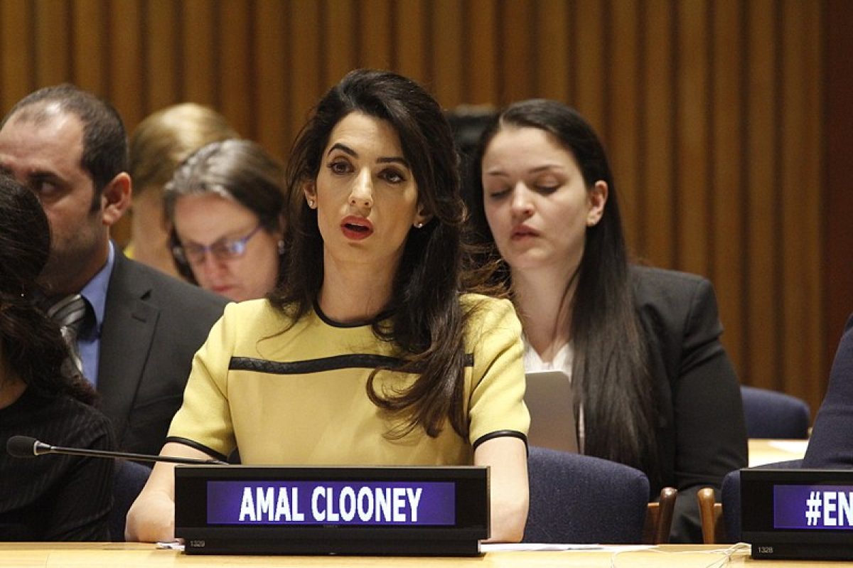 Amal Clooney printed name Infront of British lawyer and human rights activist  Amal Clooney