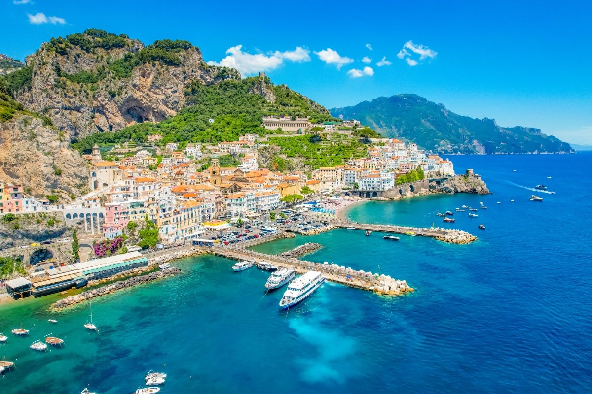 Aerial view of the Amalfi town in Amalfi Coast, Italy