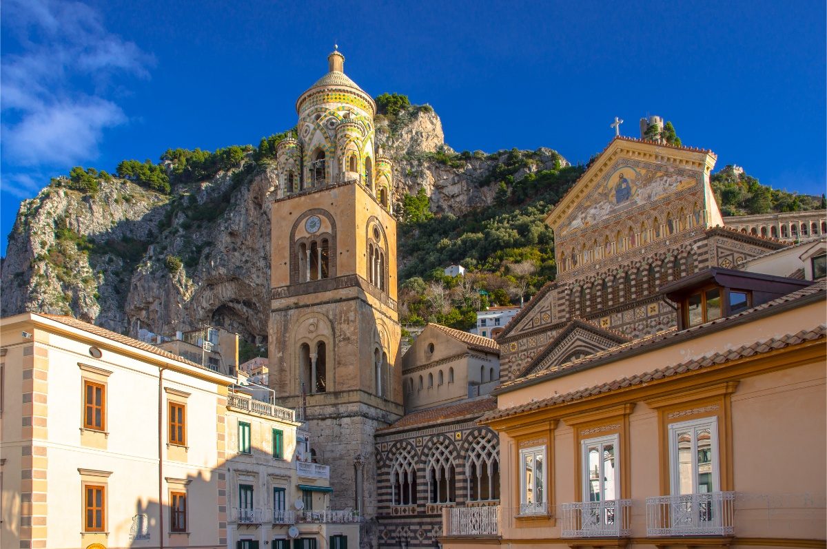 Amalfi Cathedral or the Cattedrale di Sant'Andrea and bell tower in Piazza del Duomo, Amalfi, Italy 