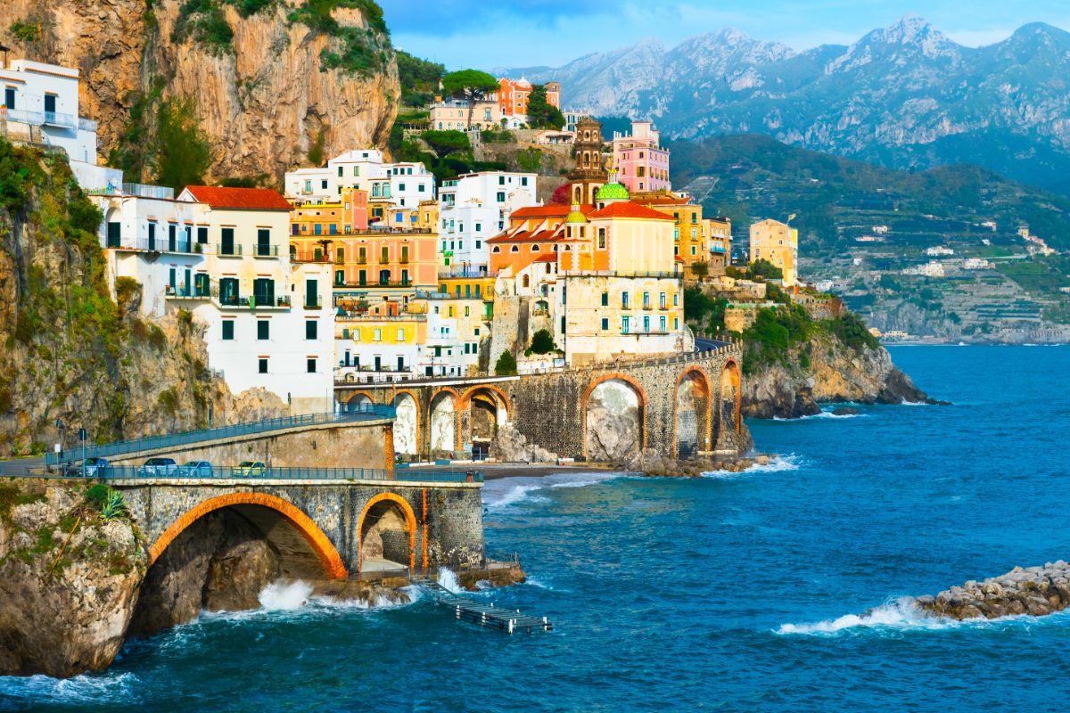 Panoramic view of the beautiful Atrani town in Amalfi Coast, Italy