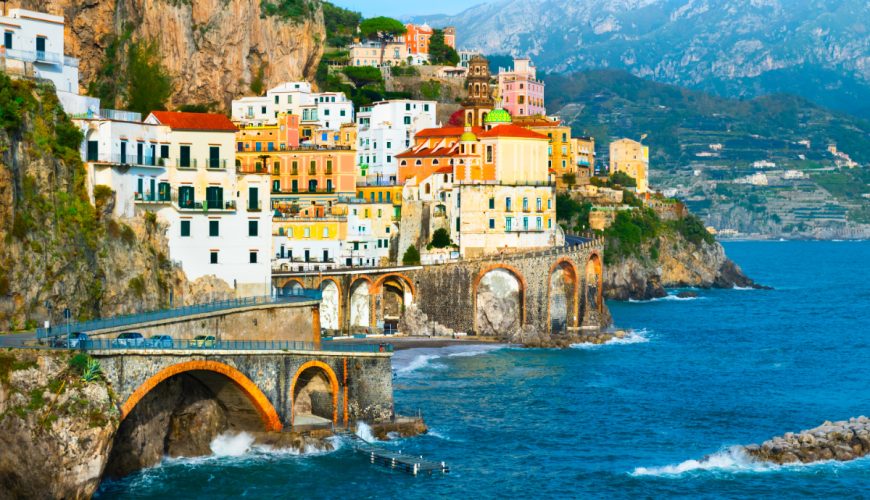 Panoramic view of the beautiful Atrani town in Amalfi Coast, Italy