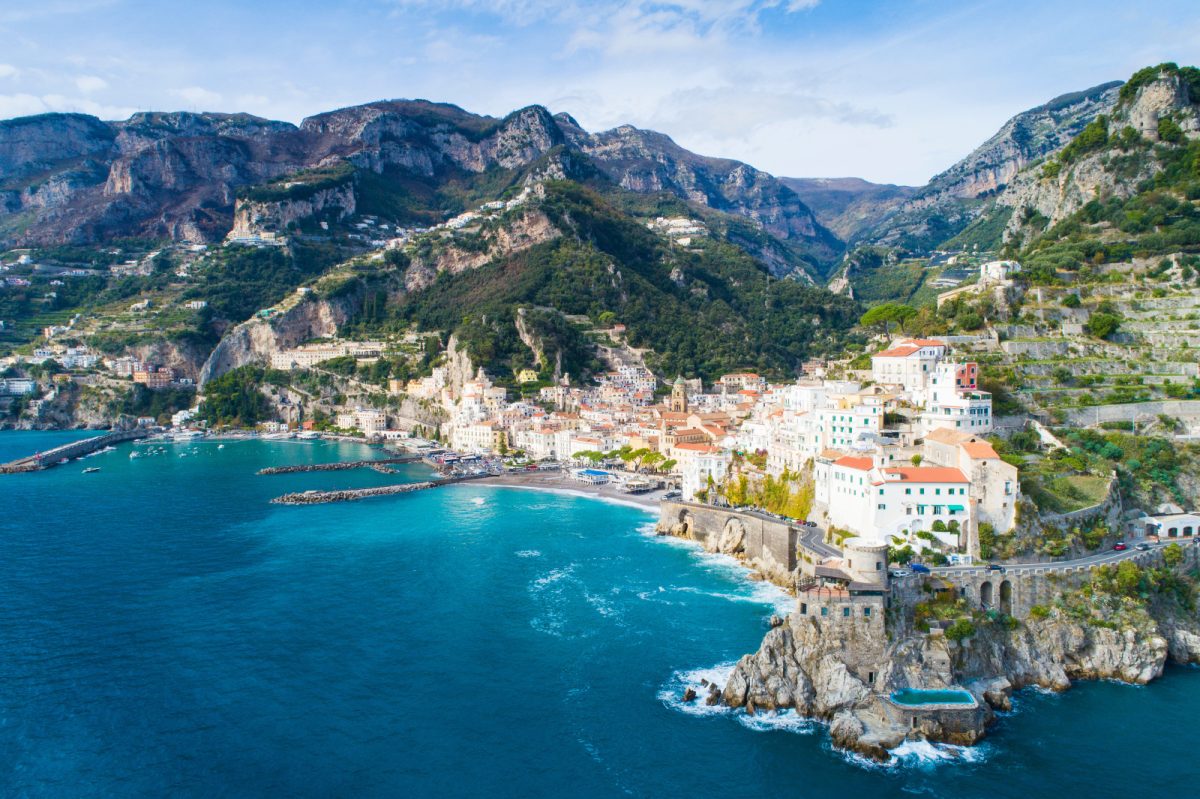 Aerial view of the lagoon of Amalfi coast and mountain range in Italy