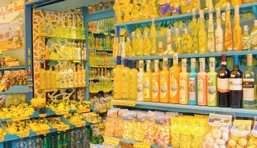 Limoncello, lemon products, and souvenirs at a shop in Amalfi Coast, Italy