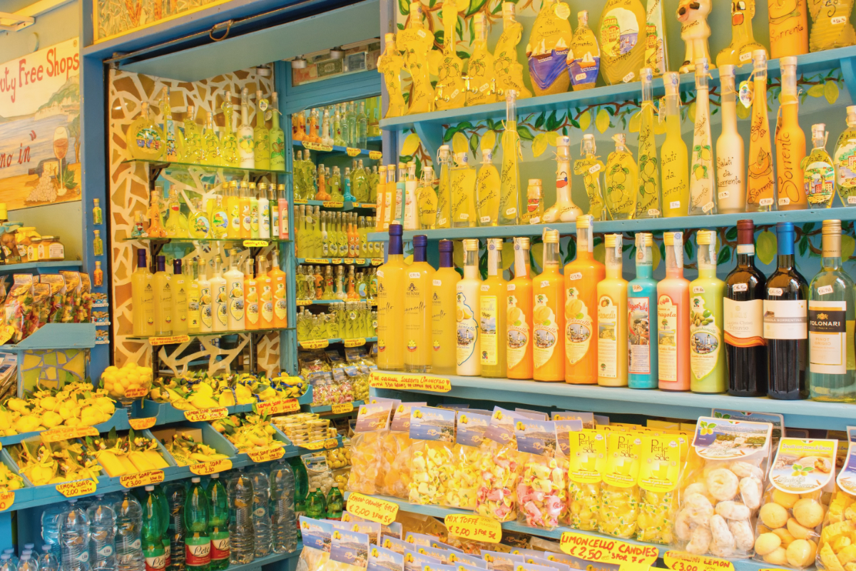 Limoncello, lemon products, and souvenirs at a shop in Amalfi Coast, Italy