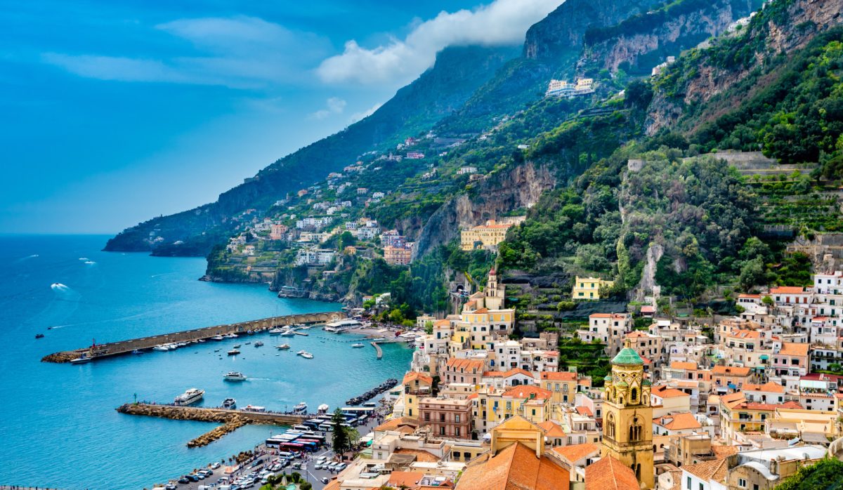 Aerial view of Amalfi town buildings and houses Amalfi Coast, Italy