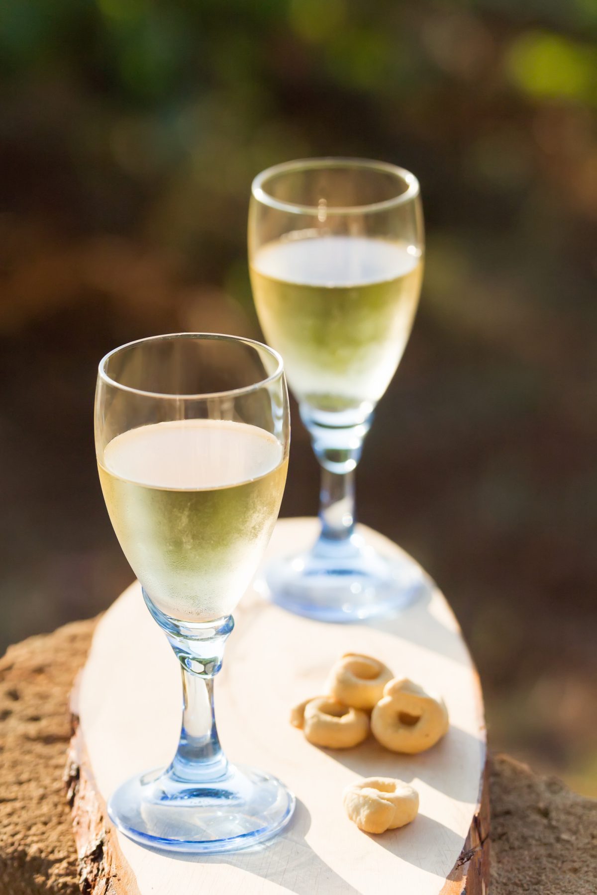 Two glasses of white wine and Taralli snack in Apulia, Italy