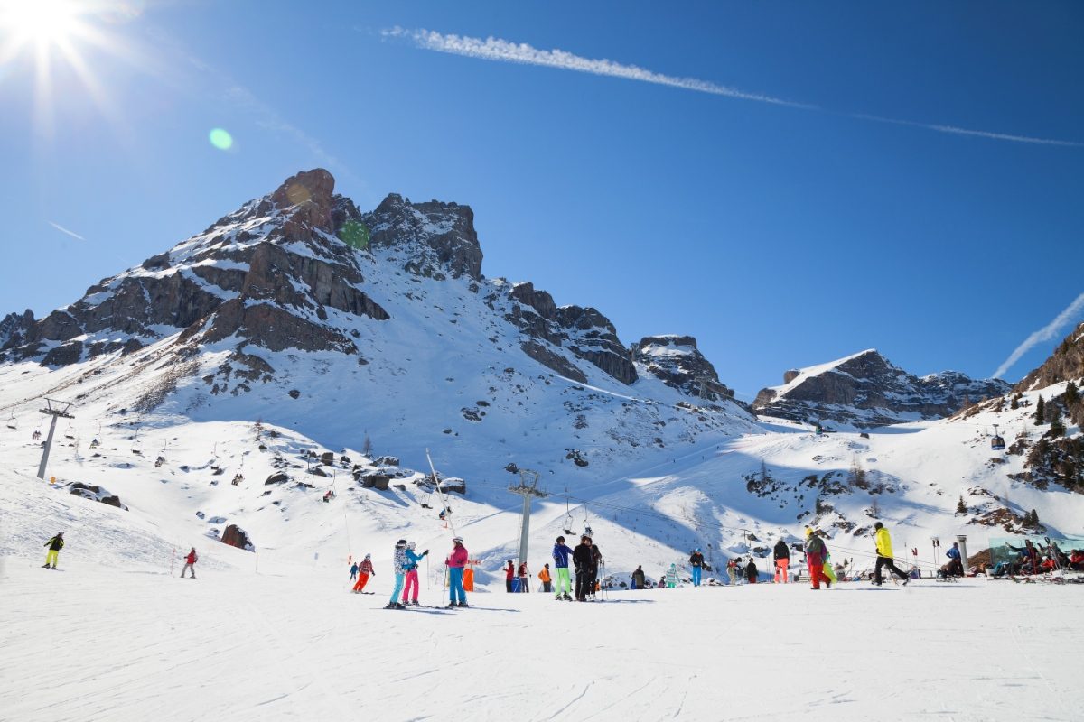 People skiing at the Arabba-Marmolada in Dolomites, Italy