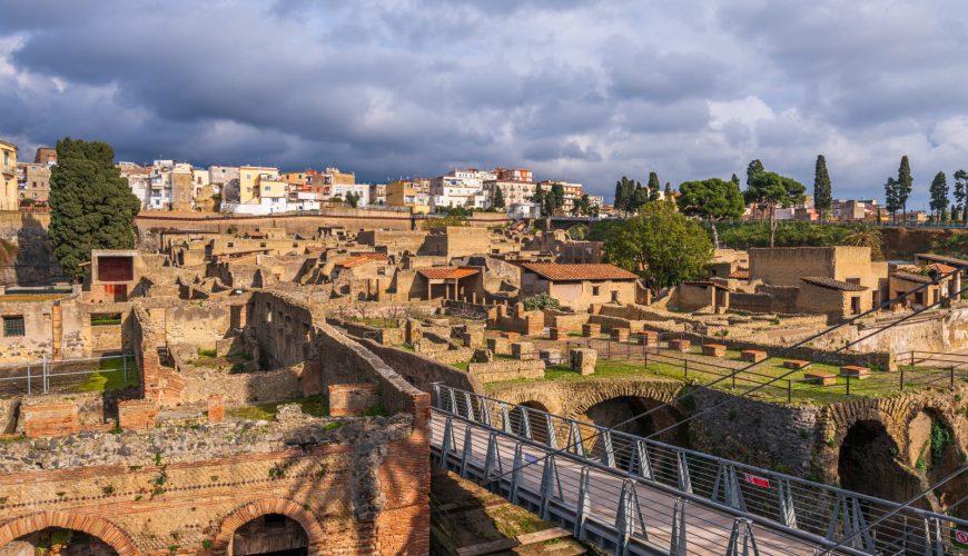 Aerial view of the Archaeological Park of Herculaneum roman ruins in Ercolano, Italy