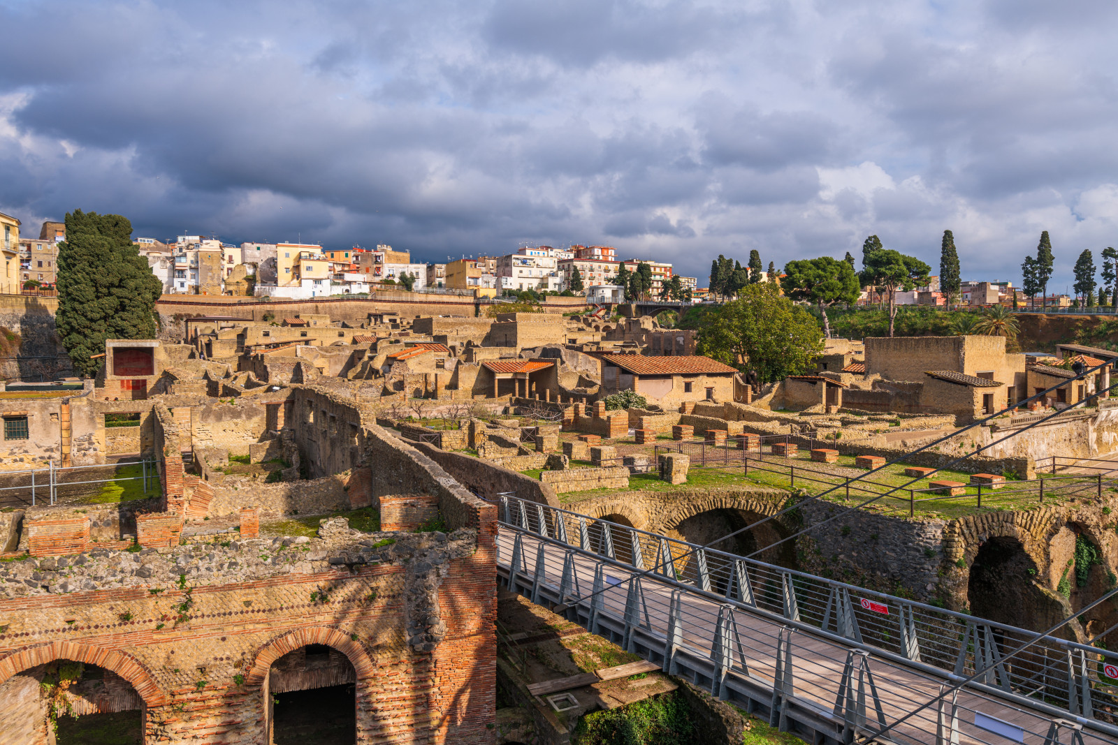 Aerial view of the Archaeological Park of Herculaneum roman ruins in Ercolano, Italy