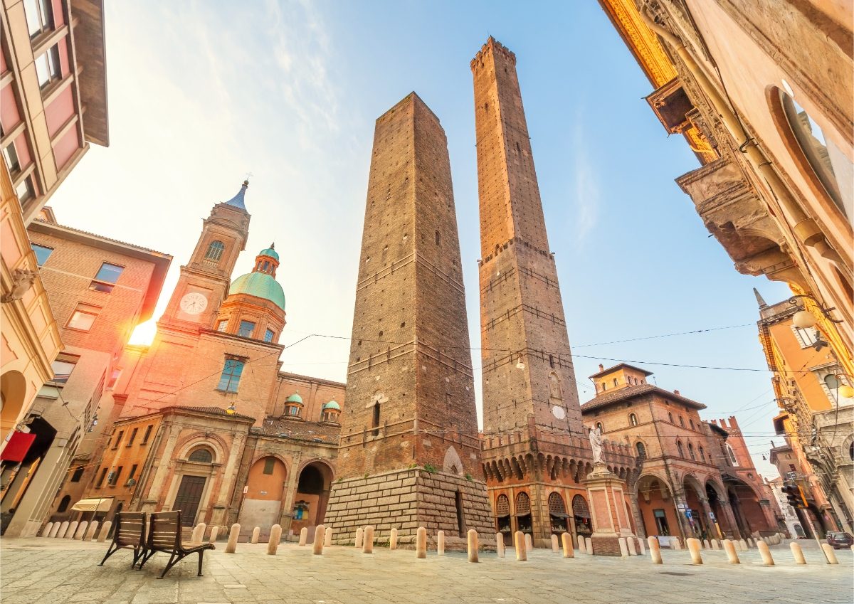 Architecture of the Asinelli and Garisenda towers in Bologna, Emilia-Romagna, Italy