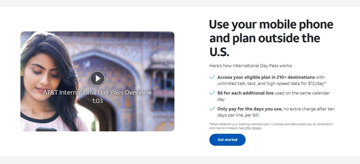 AT&T's International Day Pass website page