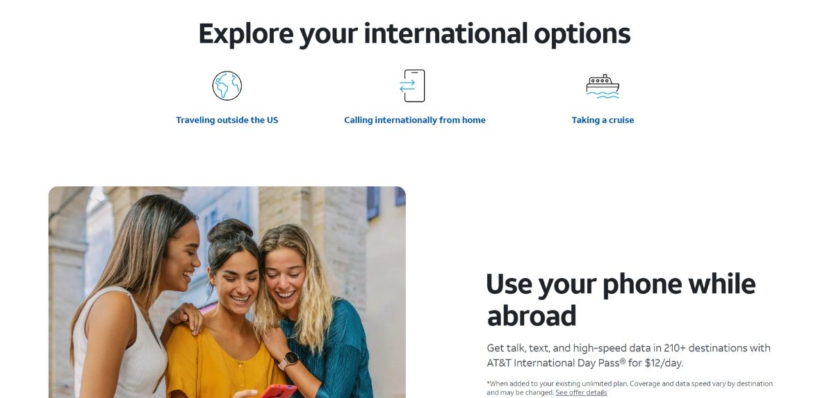 AT&T International Plans and Packages website page