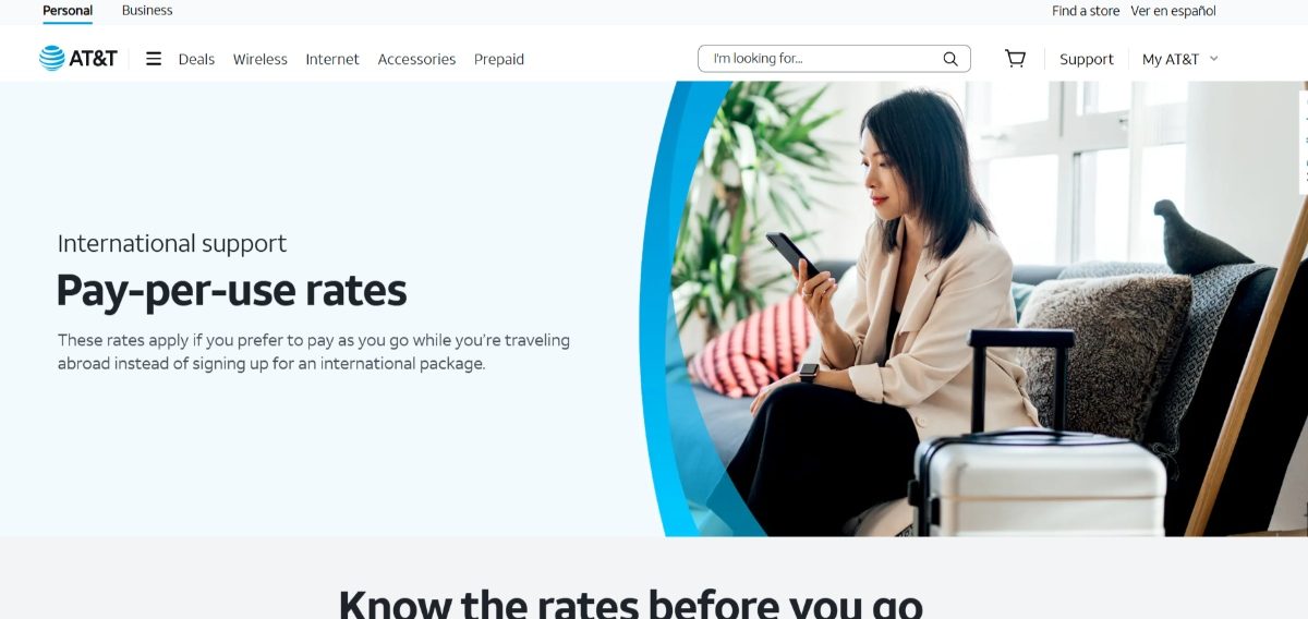 AT&T Pay-Per-Use Rates website page