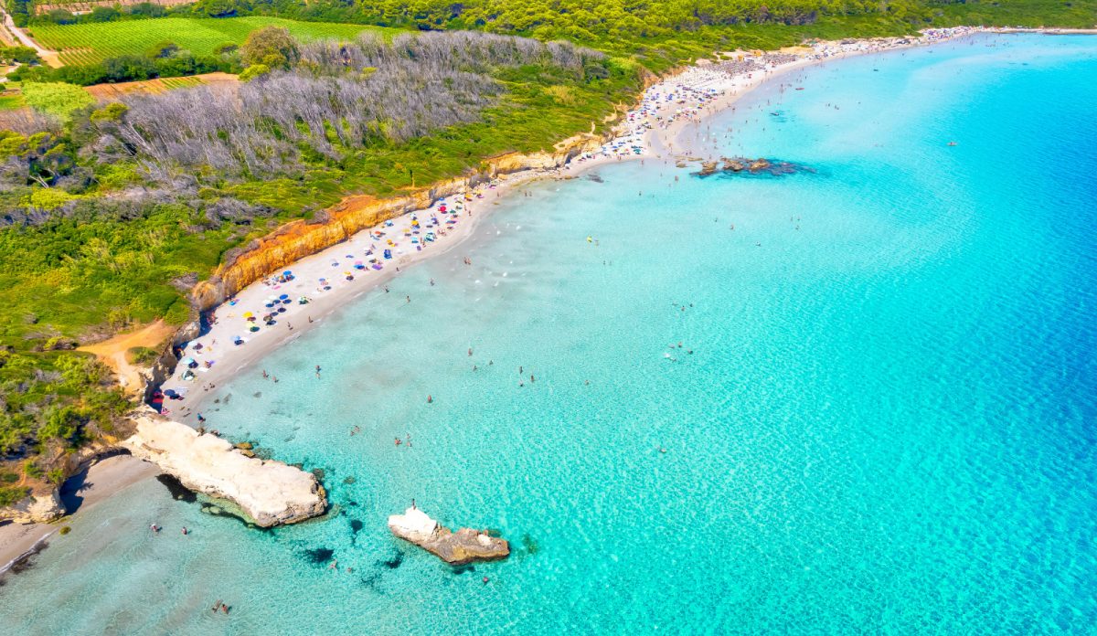 Aerial view of Baia dei Turchi of Lecce region in Apulia, Italy