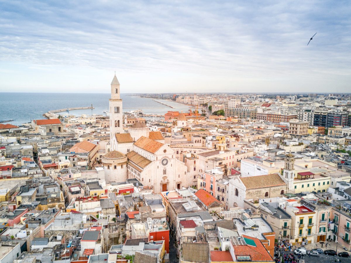 Aerial view of the ocean and cityscape of Bari in Puglia, Italy