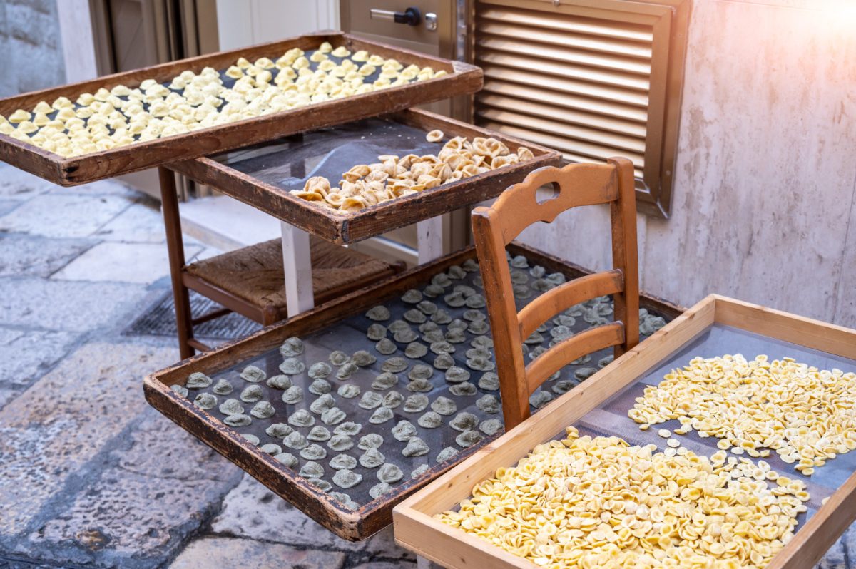 Precchiette pasta in an alley of Bari, Puglia, Italy