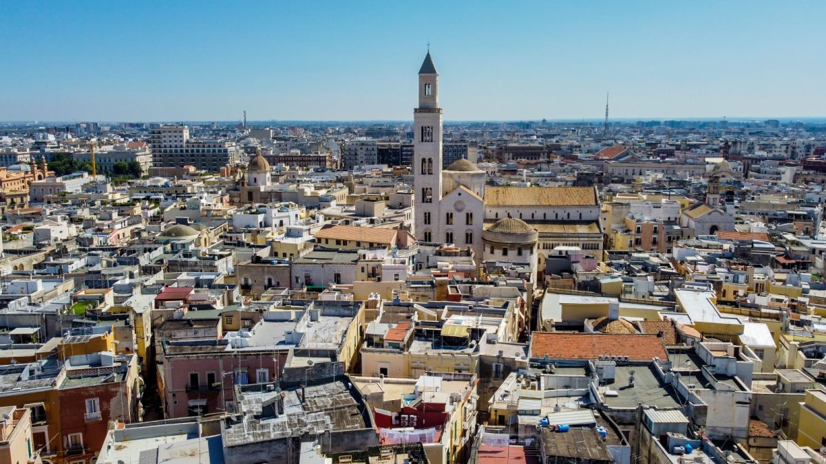 Aerial view of the Cathedral of Bari and Bari Vecchia townscape