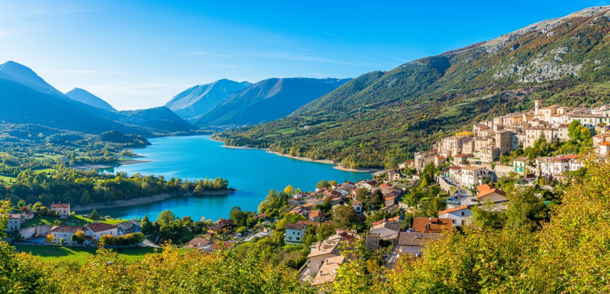 Panoramic view of the Lago di Barrea and Barrea Commune in Abruzzo, Italy