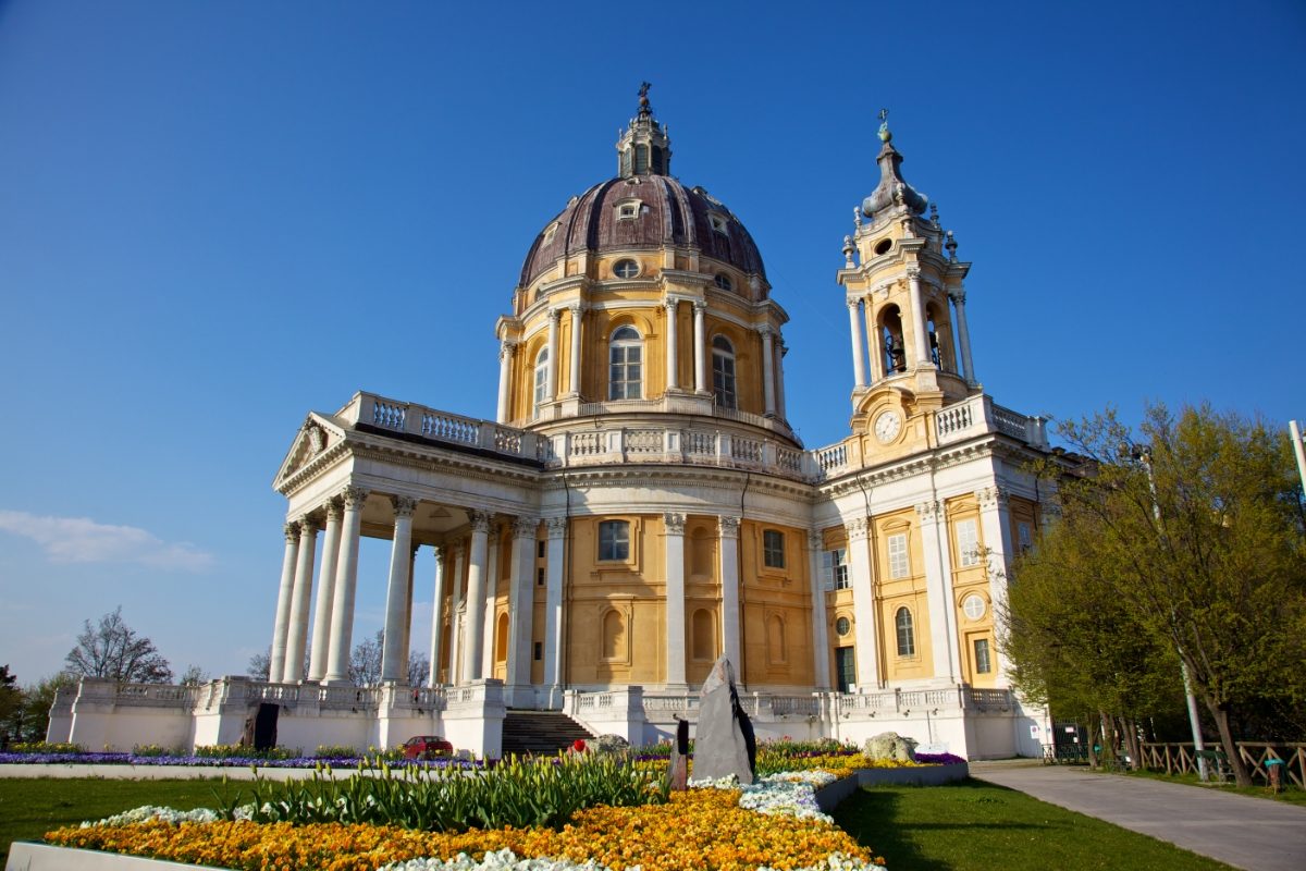 Close-up and the exterior of Baroque Basilica di Superga in Turin, Italy