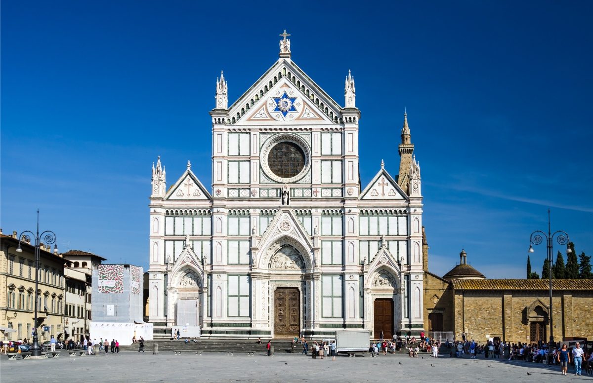 Front and the exterior of Basilica of Santa Croce in Florence, Italy