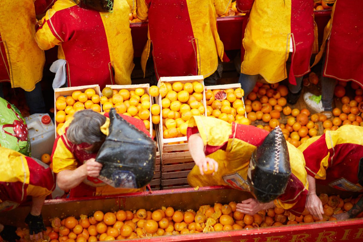 Battle of the Oranges or the Battaglia delle arance in Ivrea, Italy