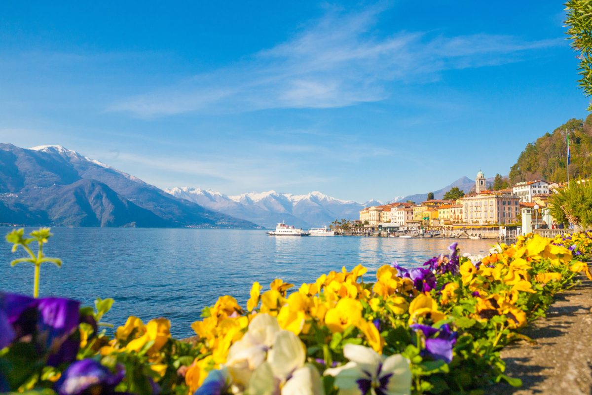 Spring flowers with a view of the resort town of Bellagio on Lake Como, Lombardy, Italy 