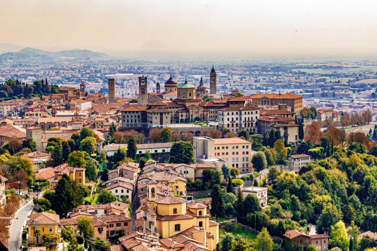 Panoramic view of Bergamo, Italy cityscape and historic buildings