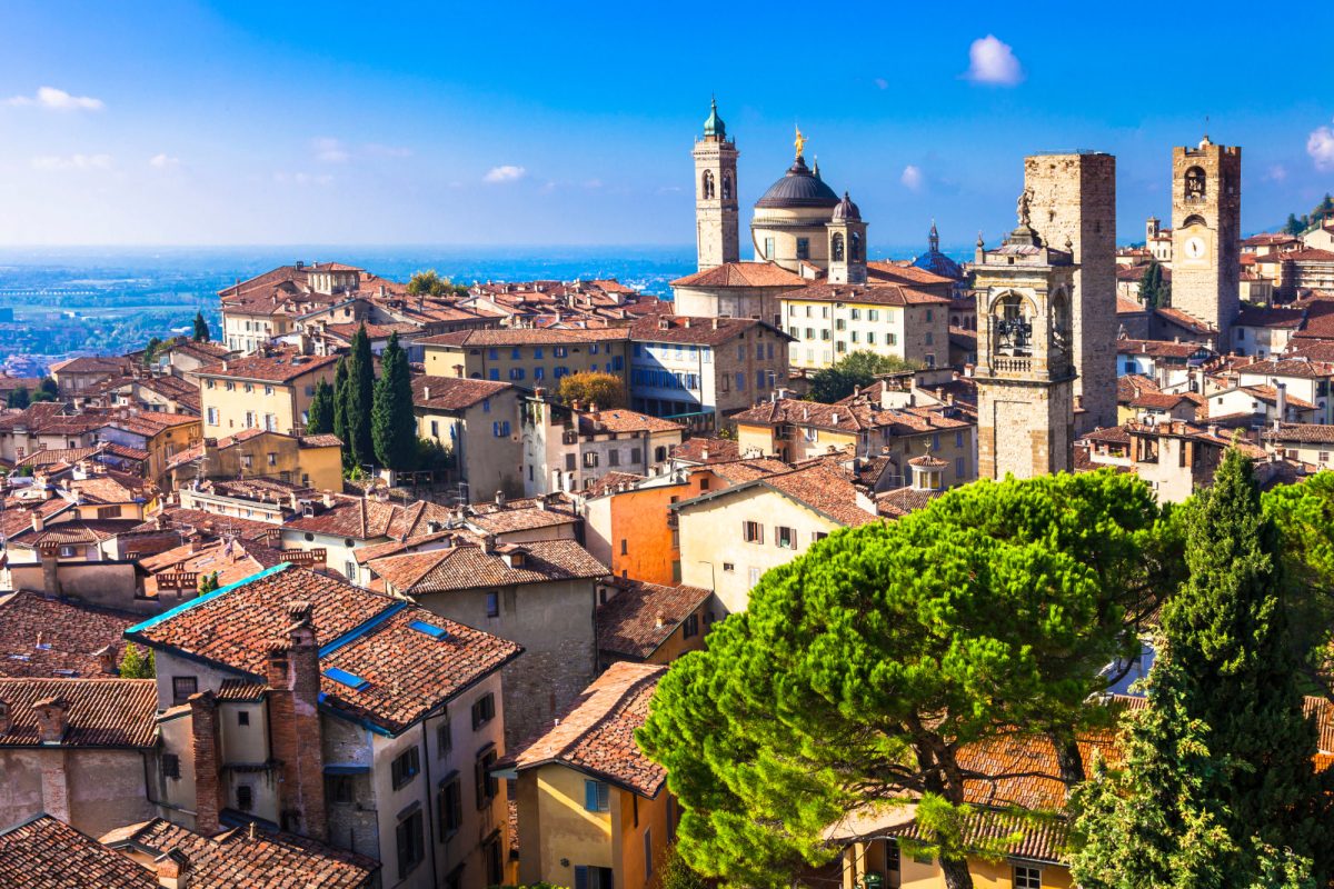 Panoramic view of historic buildings and the medieval town of Bergamo, Lombardy, Italy