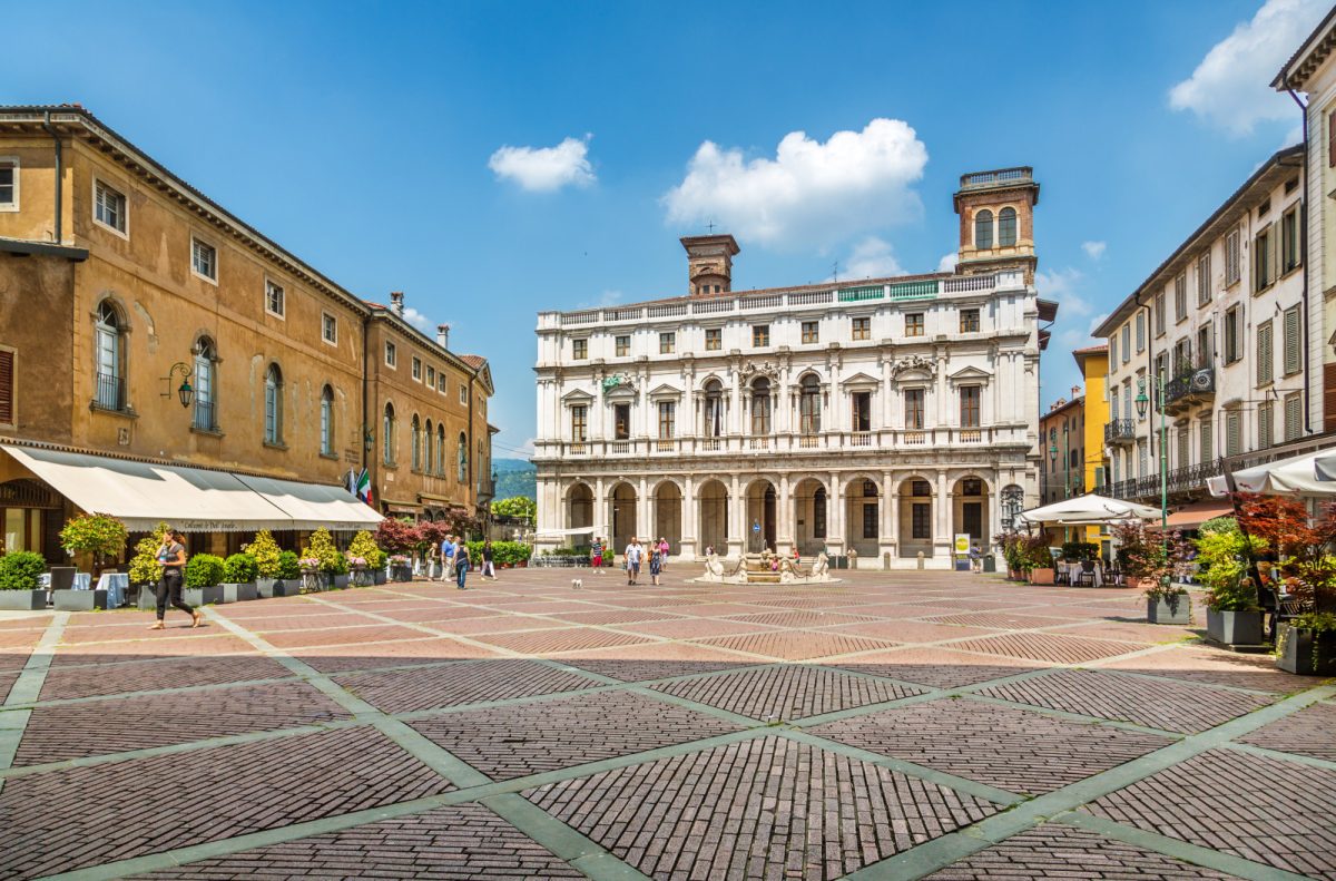 Historic buildings and the Piazza Vecchia in Bergamo, Italy