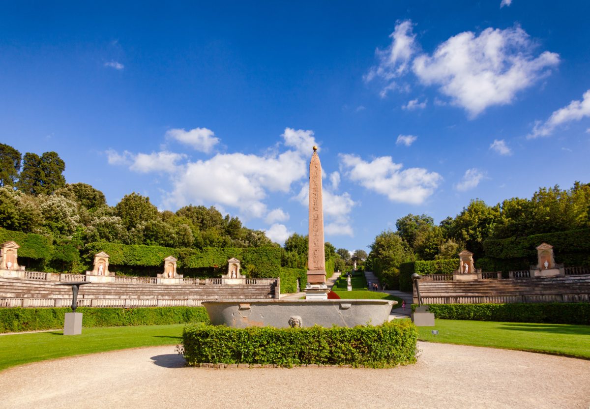 The Ancient Egyptian obelisk and the beauty of Boboli Gardens in Florence, Tuscany, Italy