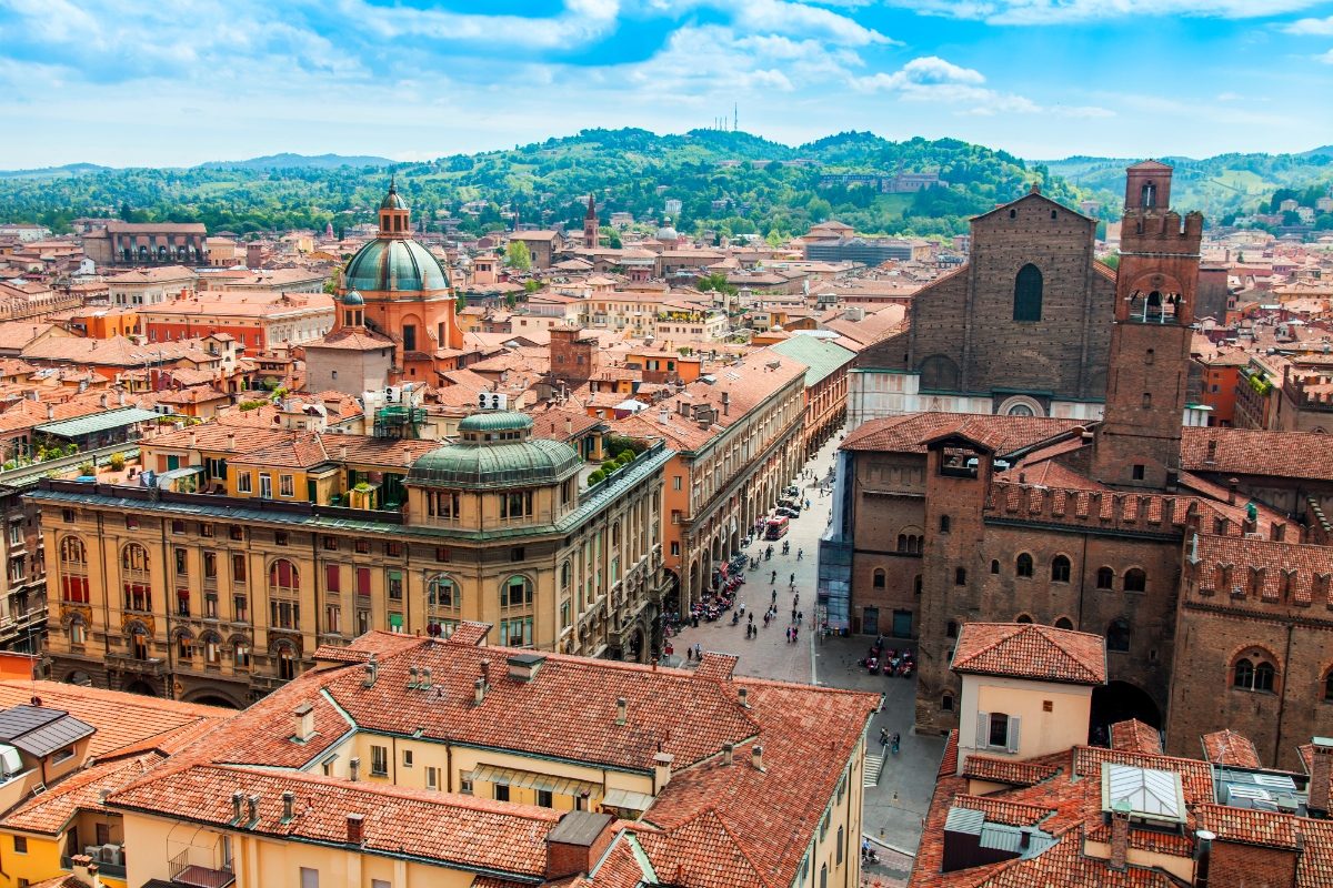 Aerial view of downtown Bologna, Italy cityscape