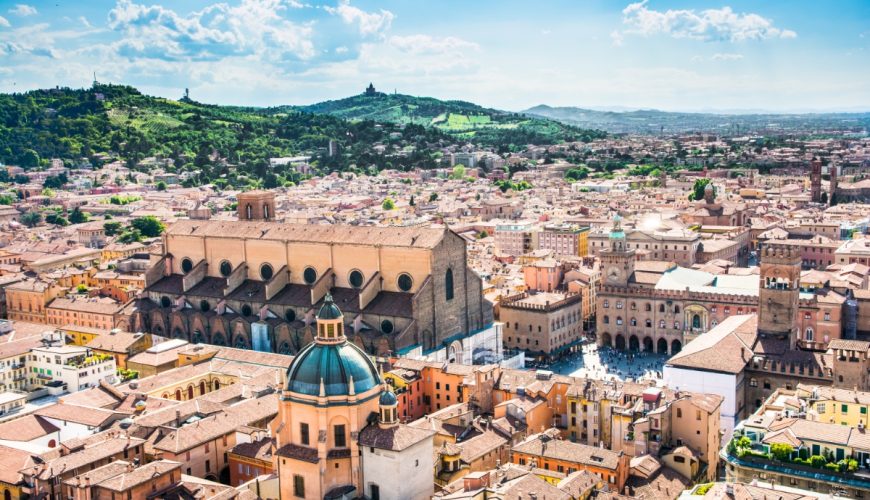 Aerial view of the Bologna, Italy cityscape and skyline