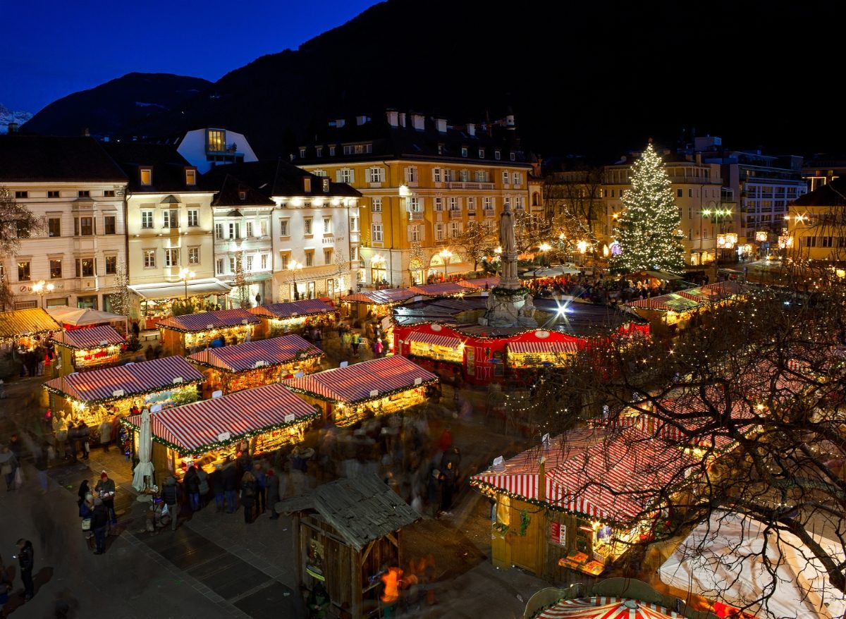 Aerial view of Bolzano, Italy Christmas Market and night lights