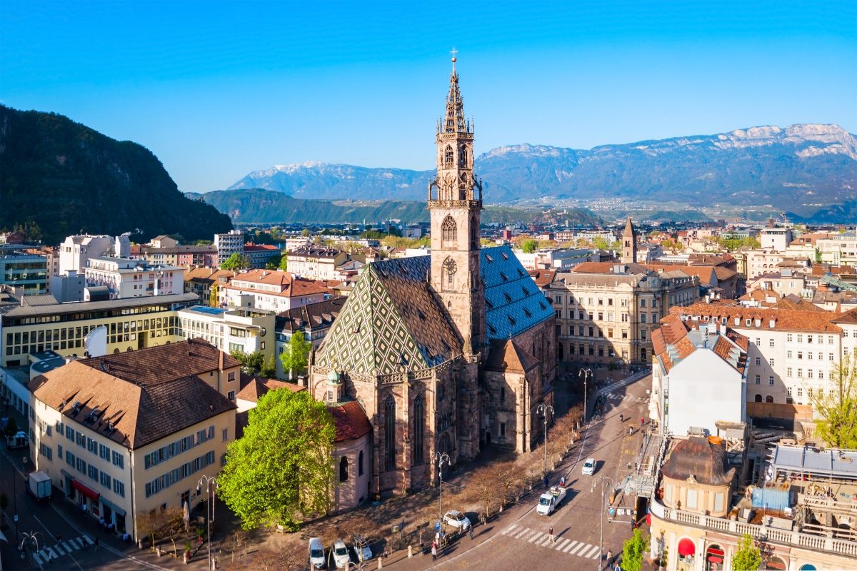 Aerial view of the Bolzano Cathedral and Bolzano, Italy cityscape