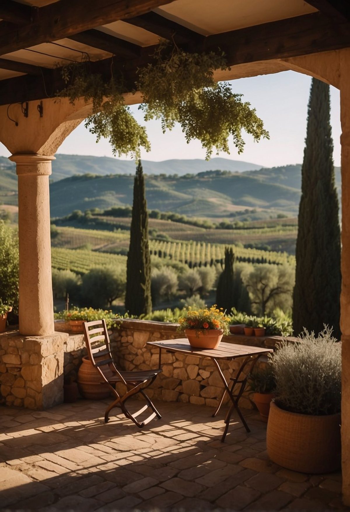 A cozy Tuscan villa available for booking, surrounded by lush vineyards and olive groves, offering a tranquil retreat amidst the picturesque countryside.