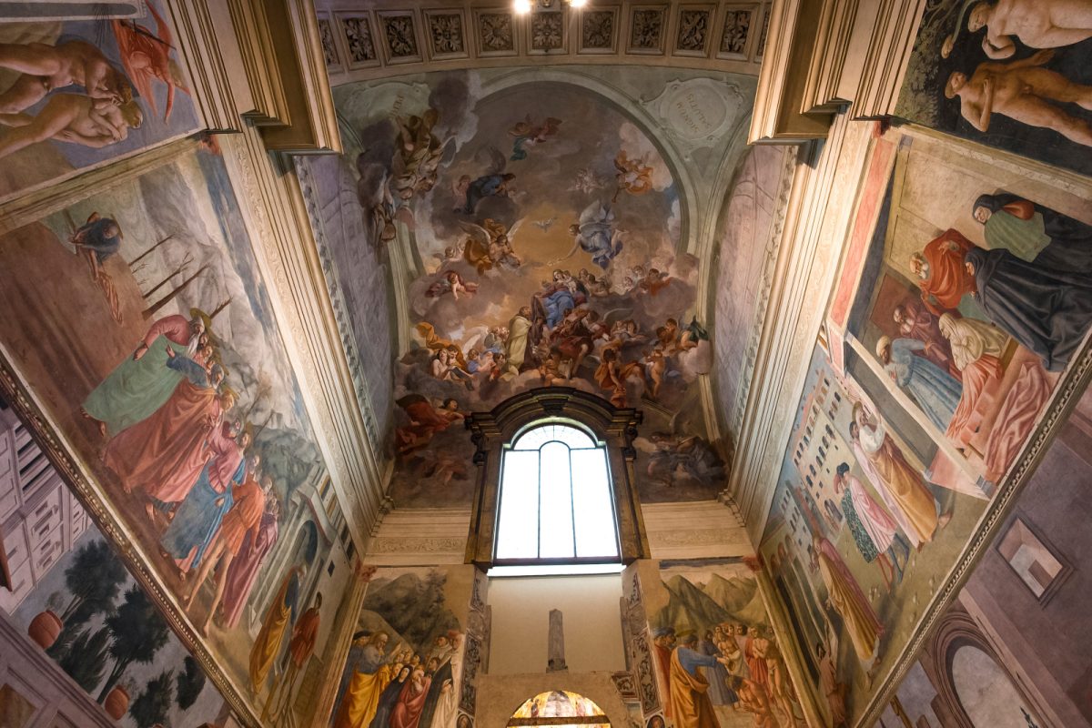 Interior and the paintings of Brancacci Chapel in Florence, Italy