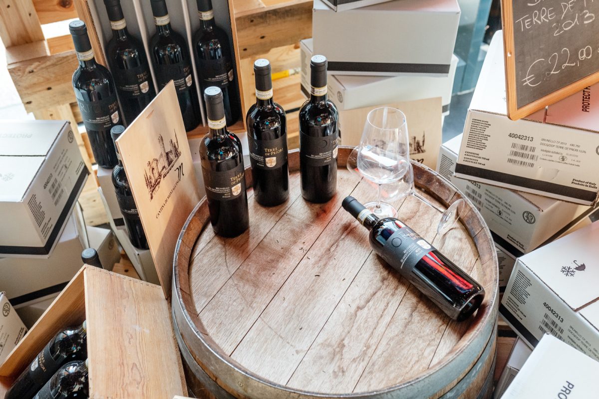 Bottles of Brunello Di Montalcino wine in Tuscany, Italy