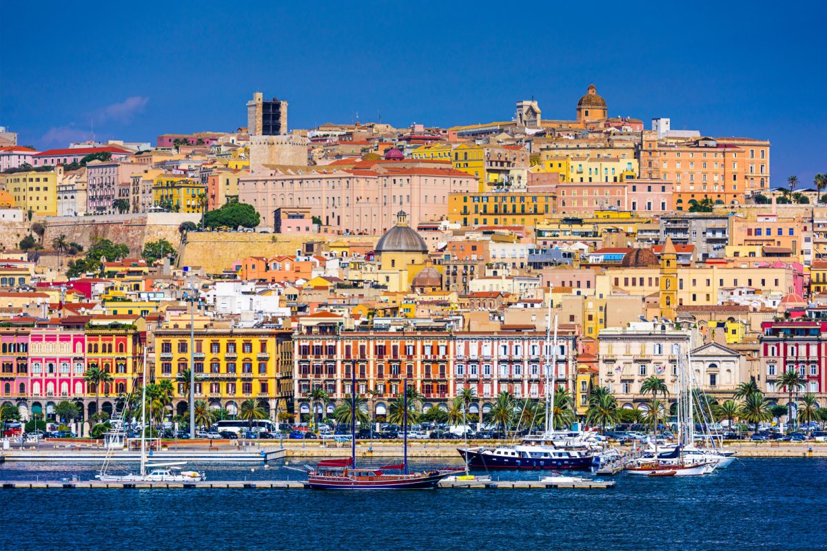 panoramic view of the coast and the cityscape of Cagliari in Sardinia, Italy